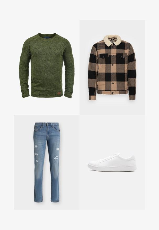 Rutet jakke i brunt og sort med en sherpa-krave, to brystlommer og knaplukninger, der har et miks af strukturerede stoffer.; Grøn sweater lavet af struktureret strikstof, med rund hals, lange ærmer og et lille brunt logo-patch på den nederste front.; Blå denim-jeans med lige pasform, slidte pletter på forreste lår, forlommer og knaplukning i taljen.; Hvid lavtop-sneaker med snørelukning, glat læderoverdel og tyk gummisål vist i sideprofil mod en ensfarvet baggrund.