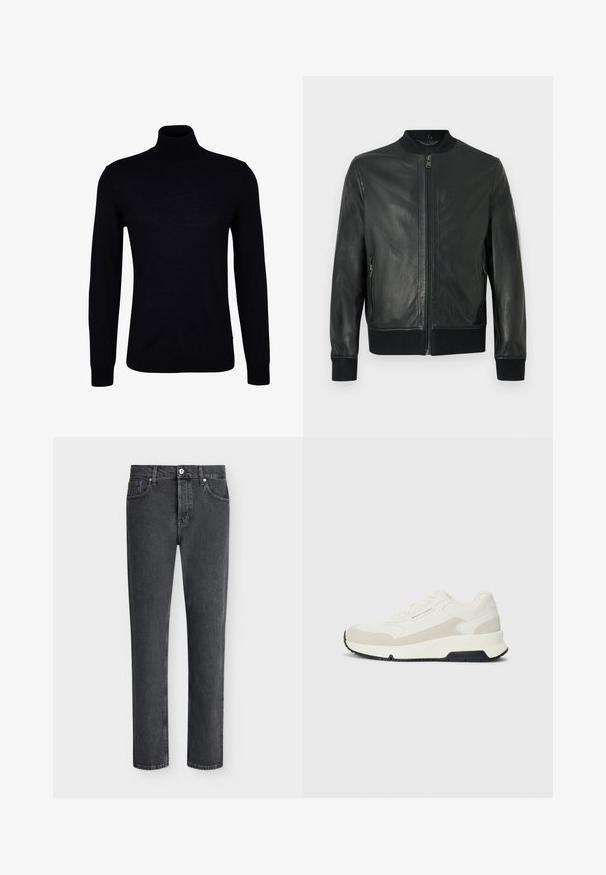 Sort læder bomberjakke med lynlås foran, ribstrikket krave, manchetter og kant, med lynlåslommer i siden og glat finish.; Sort turtleneck sweater i glat strikstof. Har lange ærmer, en tætsiddende hals og ribbede manchetter og kant for en tætsiddende pasform.; Sorte denimjeans med lige ben, fem-lomme-design, knaplukning og synlige syninger mod en ensfarvet hvid baggrund.; Hvide og beige lavtop sneakers med snørebånd foran, sort sål og "Armani Exchange" branding på siden og sålen.