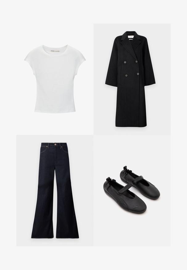 Manteau long noir à double boutonnage avec des rayures très discrètes, larges revers, deux poches avant et quatre boutons noirs.; T-shirt en coton blanc avec manches courtes retroussées, encolure ronde et ourlet droit. Texture lisse sans motifs ni accents visibles.; Jean en denim indigo foncé taille haute, coupe large évasée, bouton à l'avant, fermeture éclair et deux poches avant avec rivets en cuivre.; Paire de chaussures en cuir noir style Mary Jane avec talon élastiqué et bride ajustable, avec logo Puma sur la zone des orteils.