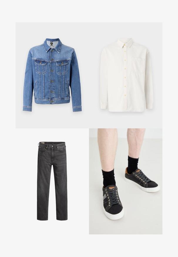 Chaqueta de mezclilla azul claro con cierre de botones, dos bolsillos en el pecho y dos bolsillos laterales. Presenta un cuello clásico y un diseño de corte recto.; Camisa blanca de manga larga hecha de una mezcla de algodón, con cuello abotonado, botones amarillos y un único bolsillo en el pecho. Corte clásico.; Jeans de denim gris oscuro con corte recto, cinco bolsillos y remaches de cobre. Diseño clásico con una textura ligeramente deslisada.; Zapatillas de lona grises con suelas de goma blancas, cordones negros y detalles de cuero marrón en el talón, acompañadas de calcetines negros de canalé.