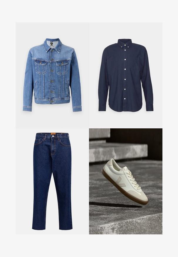 Lysblå denimjakke med knapforsmægning, to brystlommer og to sidelommer. Har en klassisk krave og lige snit.; GAP STANDARD OXFORD - Skjorter - tapestry navy; Mørkeblå denimjeans med lige snit, høj talje, fem lommer og frynset kant. Kontrastsyning og detalje med knaplukning.; Hvide læder sneakers med tanfarvet gummisål, flade snørebånd og V-formet detalje på siden. Har en glat overflade og minimale syninger.