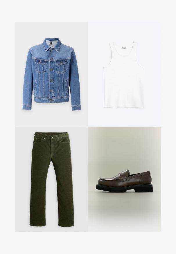 Hellblaues Denim-Jacke mit Knopfleiste, zwei Brusttaschen und zwei Seitentaschen. Verfügt über einen klassischen Kragen und ein gerades Schnittdesign.; Weißes ärmelloses Tanktop mit rundem Ausschnitt und Weekday-Markenetikett auf der Innenseite des hinteren Kragens, flach auf hellem Hintergrund dargestellt.; Olivgrüne Kordhosen mit geradem Schnitt, vorderem Knopf, Reißverschluss, Gürtelschlaufen und fünf Taschen auf einem weißen Hintergrund.; Brauner Lederloafer mit schwarzer dicker Gummisohle, niedrigem Absatz und einem Riemen über dem oberen Teil, von der Seite auf neutralem Hintergrund gezeigt.
