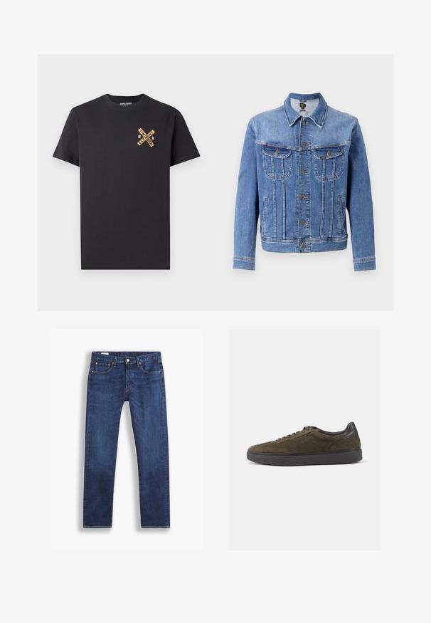 Hellblaues Denim-Jacke mit Knopfleiste, zwei Brusttaschen und zwei Seitentaschen. Verfügt über einen klassischen Kragen und ein gerades Schnittdesign.; Schwarzes Baumwoll-T-Shirt mit einem grafischen Design in Orange, das die Worte "ELEMENT" und "REMEMBER" in einem Kreuzmuster auf der Brust zeigt.; Dunkelblaue gerade Jeans mit klassischem Fünf-Taschen-Stil und Knopfverschluss, vor einem weißen Hintergrund gezeigt.; Olivgrüne Wildleder-Sneaker mit schwarzen Lederakzenten und Schnürsenkeln, die eine strukturierte Oberfläche und eine dicke schwarze Gummisohle aufweisen.