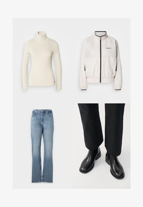 Calvin Klein Jeans RETRO TRACK JACKET - Tréningová bunda - tofu; Krémový sveter s vysokým golierom vyrobený z rebrovanej tkaniny. Obsahuje dlhé rukávy, priliehavý strih a malé logo na leme. Mäkka textúra.; Svetlomodré džínsové nohavice so strihom rovného nohavic, päť vreciek, pútka na opasok a zips na nohaviciach. Tkanina má jemnú textúru.; Čierne kožené Chelsea čižmy s hladkým povrchom, okrúhlou špičkou a nízkym blokovým podpätkom, skombinované s čiernymi nohavicami.