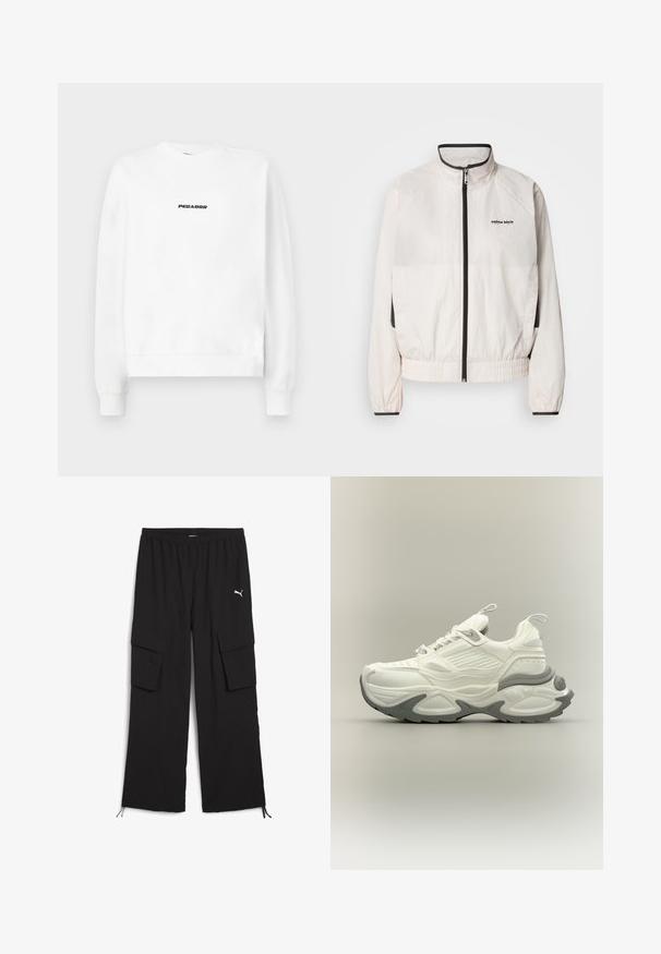 Calvin Klein Jeans RETRO TRACK JACKET - Tréningová bunda - tofu; Biela mikina s okrúhlym výstrihom a dlhými rukávmi. Na prednej strane sa nachádza čierny logo "PEGADOR" uprostred. Mäkká textúra látky.; Čierne cargo nohavice s širokým strihom, elastickým pásom, dvoma bočnými vreckami a šnúrkami na okrajoch. Zdobené malým bielym logom.; Bielo-sivá masívna teniska s textúrovanou podrážkou, štítkami na jazyku a päte a detailným panelovým dizajnom na zvršku.