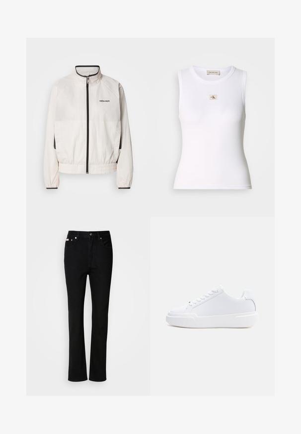 Calvin Klein Jeans RETRO TRACK JACKET - Tréningová bunda - tofu; Biele rebrované tielko bez rukávov s menovkou Calvin Klein Jeans na hrudi a vnútornou menovkou na krku.; Čierne džínsy s rovnými nohavicami, s predným gombíkom a zipsom, pútka na opasok a s piatimi vreckami.; Biely nízky topánok s viazaním na šnúrky, hrubou podrážkou a hladkým zvrškom, zobrazený z vonkajšej strany na jednoduchom svetlom pozadí.
