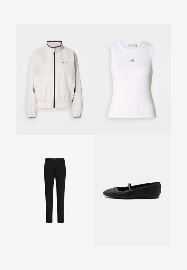 Calvin Klein Jeans RETRO TRACK JACKET - Spordijakk - tofu; Valge soonikkoes varrukateta topp, millel on rinnal Calvin Klein Jeans silt ja kaelal sisemine silt.; Mustad kitsad teksapüksid ees nupuga ja tõmblukuga, esikülje ja tagakülje taskud ning väike silt paremal esimesel taskul.; Mustad madalad kingad ümmarguse varbaga, reljeefse geomeetrilise mustriga ja õhukese rihmaga üle pealse, näidatud külgvaates.