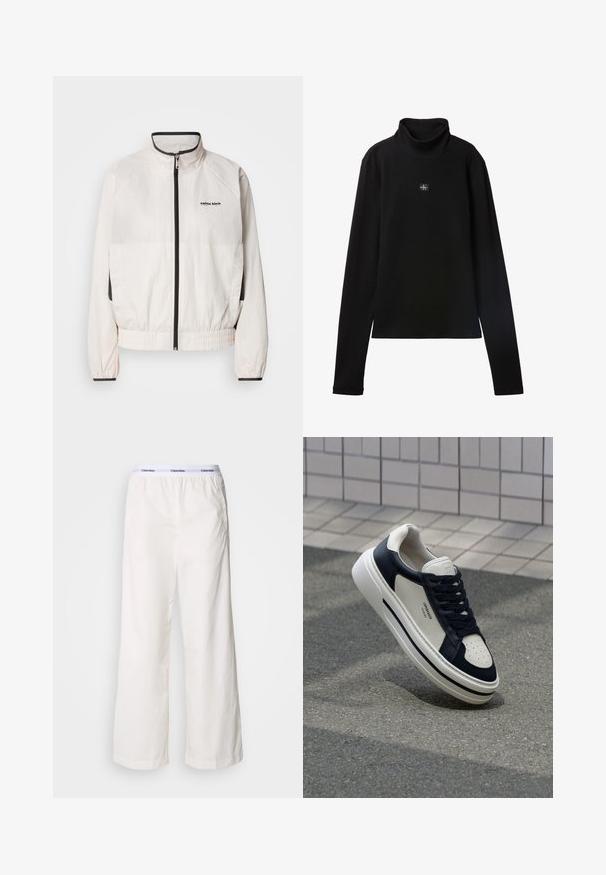 Calvin Klein Jeans RETRO TRACK JACKET - Veste de survêtement - tofu; Haut noir à col roulé côtelé à manches longues avec petit patch carré du logo Calvin Klein centré sur la poitrine.; Pantalons larges blancs avec une taille élastique arborant un logo Calvin Klein en contraste. Fabriqués à partir d'un tissu lisse, ils offrent une coupe décontractée.; Baskets en cuir blanches et navy avec un nez perforé, des lacets et une semelle en caoutchouc texturée, affichant une marque sur le côté.