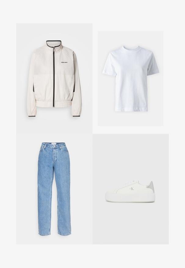 Calvin Klein Jeans RETRO TRACK JACKET - Tréningová bunda - tofu; Biely bavlnený tričko s okrúhlym výstrihom, krátkymi rukávmi, rovný strih a hladkou textúrou. Bez vzorov alebo ozdôb.; Svetlo modré rifľové nohavice so strihom rovného nohavicu, s gombíkom a zipsom, piatimi vreckami a stredne vysokým pásom.; Biele plátené tenisky s hrubou bielou podrážkou, so strieborným kovovým akcentom na päte a jemným logom na boku.