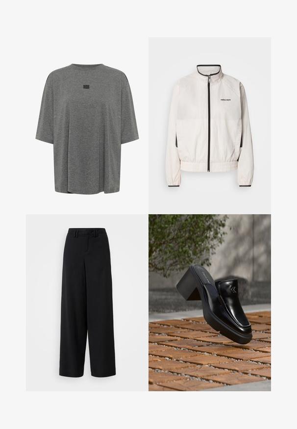 Calvin Klein Jeans RETRO TRACK JACKET - Veste de survêtement - tofu; T-shirt oversize gris en tissu doux. Présente un col rond, des manches courtes et un logo subtil au centre.; Pantalons large en noir en tissu lisse, avec une taille plate, des détails plissés et des passants de ceinture à la taille.; Mule slip-on en cuir noir Calvin Klein avec talon bloc reposant sur des carreaux en bois à l'extérieur près d'une plante verte et d'un mur gris.