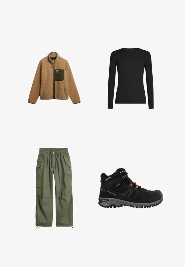 Chaqueta de forro polar beige con bolsillo verde, cuello alto, cremallera completa y dos bolsillos laterales con cremallera; cuenta con un parche de la marca en el pecho.; Camiseta negra de manga larga ajustada con cuello redondo y un sutil logo de Icebreaker en la manga izquierda, mostrada sobre un fondo blanco.; Pantalones cargo verde oliva con cinturilla elástica, cordón, múltiples bolsillos laterales y puños ajustados. Hechos de un material de algodón duradero.; Bota de senderismo impermeable negra con un upper sintético texturizado, acentos naranjas y una suela robusta diseñada para estabilidad en diversos terrenos.