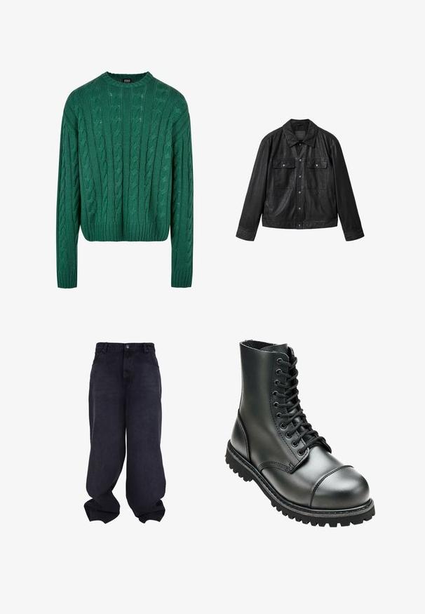 Sort læderjakke med knaplukning foran, to brystlommer med klap, lange ærmer og en klassisk krave.; Grøn kabelstrikket sweater med rund hals og lange ærmer. Har et cropped design og struktureret mønster hele vejen igennem.; Sorte oversized løstsiddende jeans med knap- og lynlåsfrontlukning, forlommer og løse, brede ben.; Sort læderkampstøvle med høj ankel, rund tå, snørebånd foran og robust gummisål med dybe mønstre for godt greb.