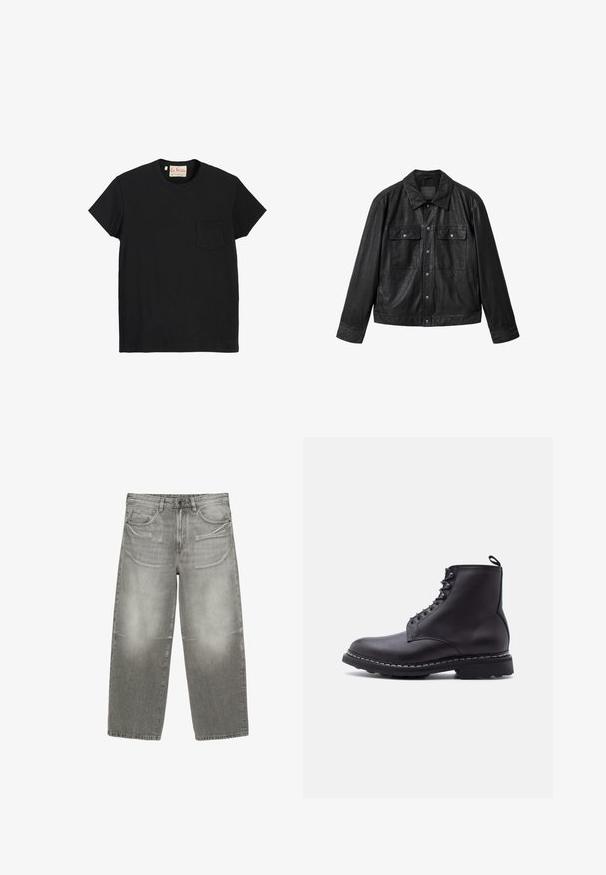 Sort læderjakke med knaplukning foran, to brystlommer med klap, lange ærmer og en klassisk krave.; Sort bomulds T-shirt med rund hals, korte ærmer og en lomme på venstre bryst. Glat tekstur og minimalistisk design.; Grå vidbenede jeans i denim med falmede detaljer, lukning med knap og lynlås foran samt fem-lomme-stil.; Sort læder ankelstøvle med snørebånd, tyk sål og trække-flig bagpå, vist i sideprofil mod en hvid baggrund.