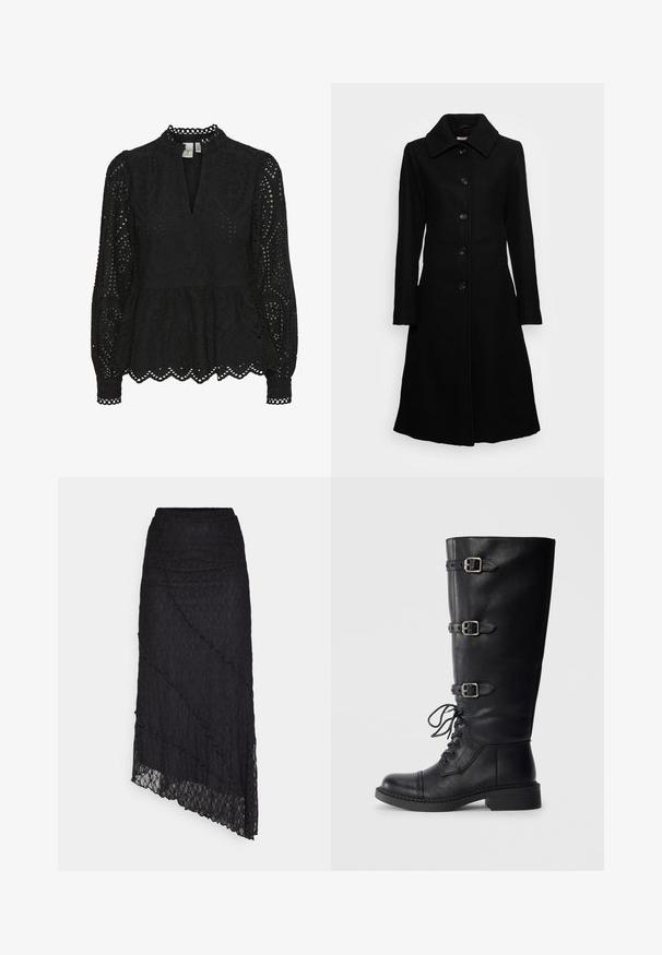 Anna Field Tall Klasický kabát - black; Čierna blúzka s vysokým golierom, dlhými rukávmi a zložitými výrezmi, s peplum lemu a vlnitými okrajmi.; ONLY ONLKIM SLIT - Maxisukňa - black; Čierne kožené vysoké čižmy po kolená s šnurovaním vpred, tromi prackami, zaoblenou špičkou a nízkym blokovým podpätkom. Hladký povrch s matným vzhľadom.