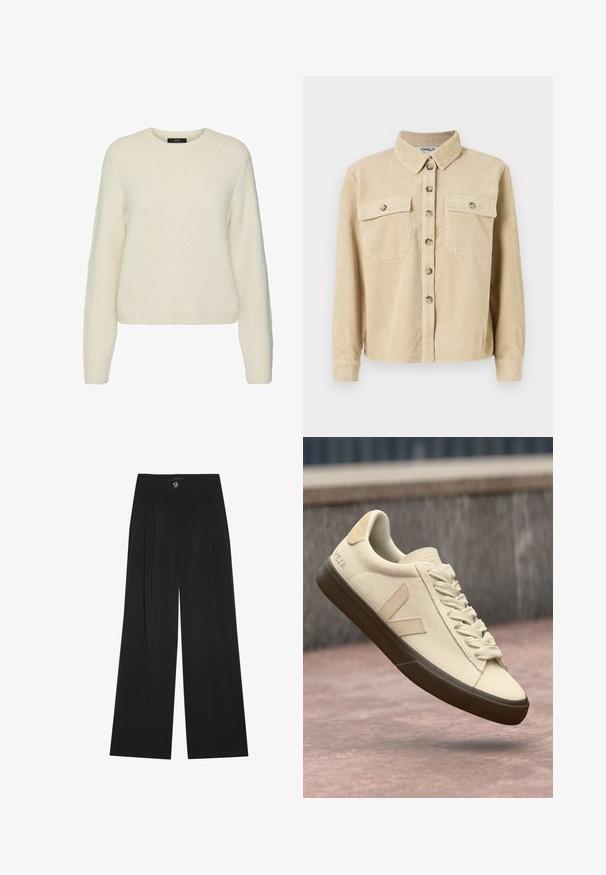 Chemise en velours côtelé beige avec un col, deux poches avant et une fermeture à boutons. Présente une texture côtelée verticale et des manches longues.; Pull en laine blanc tricoté avec un col rond, des manches longues et des poignets et un ourlet côtelés. Texture douce et coupe décontractée.; Pantalon noir à jambes larges en tissu doux, avec taille haute, plis avant et une fermeture à bouton unique. Texture lisse et coupe ajustée.; Baskets en cuir vegan beige avec lacets crème, semelle en caoutchouc marron et détail de logo au talon. Design épuré avec des accents tonaux subtils.