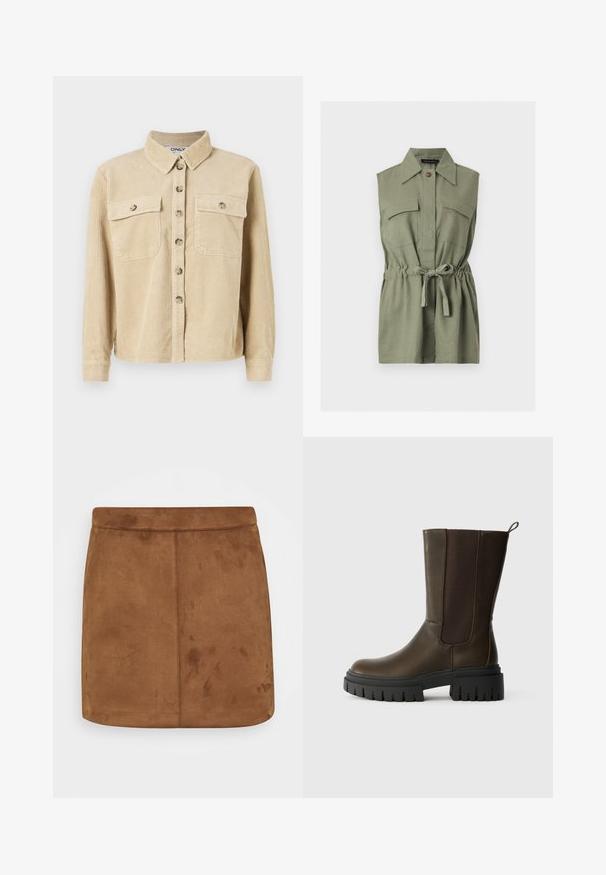 Beige corduroy skjorte med krave, to forlommer og knaplukning. Har lodret ribbet tekstur og lange ærmer.; Ærmeløs olivengrøn skjortekjole med spids krave, to brystlåg-lommer, knaplukning og justerbart taljebånd.; Brun ruskinds mini-skirt med en glat tekstur, lige snit og en sømløs talje, der har et minimalistisk design uden mønstre eller udsmykninger.; Brune læder ankelstøvle med elastiske sidepaneler, chunky sort gummisål og en løkke for nem påtagning. Glat tekstur og moderne design.