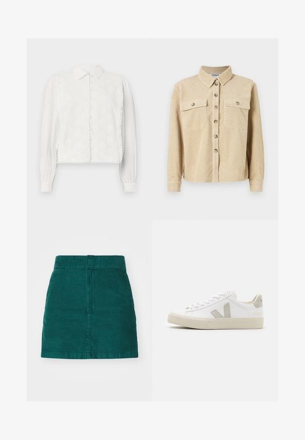 Beige corduroy skjorte med krave, to forlommer og knaplukning. Har lodret ribbet tekstur og lange ærmer.; Hvid bluse med krave, knaplukning og blomsterlignende spidsed panel på forsiden. Lange ærmer med samlede manchetter og bølgede kanter.; Grønne fløjl mini nederdel med lige snit, med høj talje og lodret ribbet tekstur, afsluttet med rene kanter.; Hvide sneakers lavet af læder med grå V-logo detaljer, struktureret gummisål, hvide snørebånd samt polstret tunge og krave.