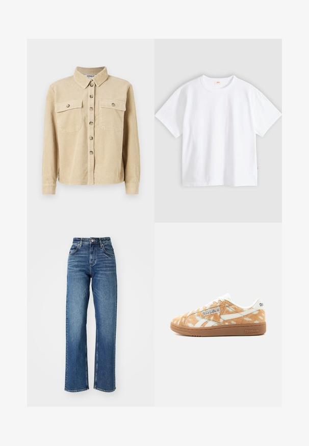 Chemise en velours côtelé beige avec un col, deux poches avant et une fermeture à boutons. Présente une texture côtelée verticale et des manches longues.; T-shirt en coton blanc à manches courtes, col rond, coupe décontractée, texture lisse, avec une petite étiquette logo sur la couture latérale gauche.; Jeans taille haute, à jambe large en denim bleu. Comprend cinq poches, une fermeture à bouton et un dégradé subtil sur le tissu.; Baskets basses Reebok avec texture fourrure tachetée marron clair et blanc, marquage blanc et semelle en caoutchouc naturel, vues de côté.