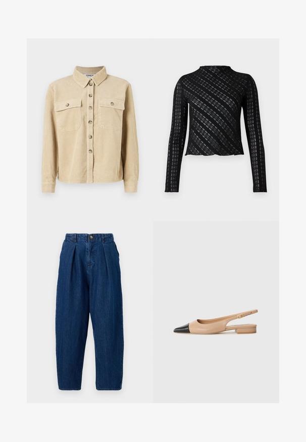 Chemise en velours côtelé beige avec un col, deux poches avant et une fermeture à boutons. Présente une texture côtelée verticale et des manches longues.; Haut noir à manches longues avec un col montant, présentant un motif texturé de rayures diagonales et des découpes sur toute sa surface. Design court.; Pantalons en denim bleu foncé avec une coupe décontractée, présentant des plis à l'avant, une fermeture à bouton et des jambes fuselées.; Chaussure slingback en cuir beige avec un bout pointu noir, un petit talon carré et une boucle décorative sur la sangle de la cheville. Texture lisse.
