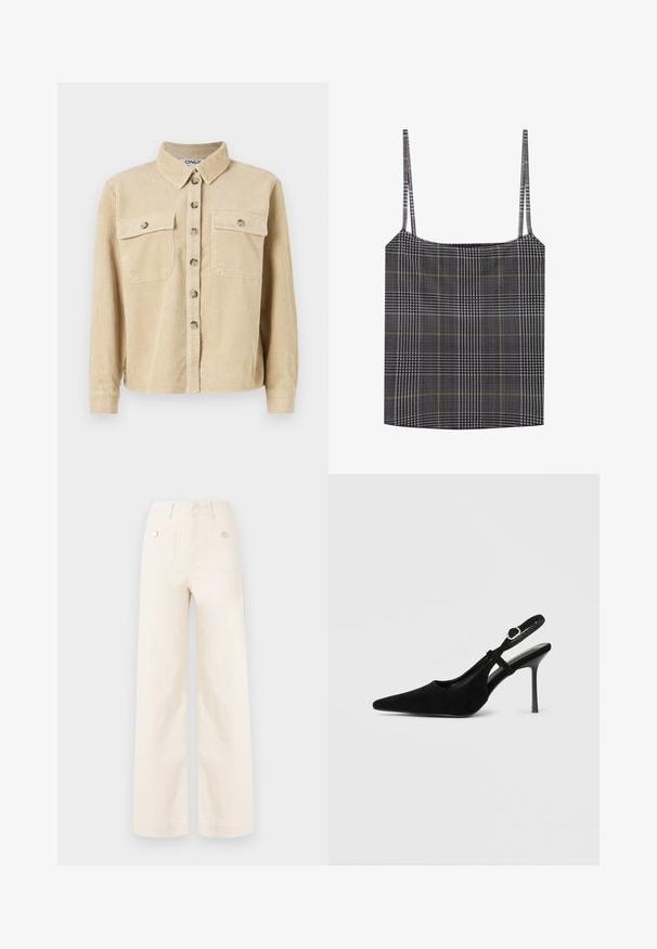 Beige corduroy skjorte med krave, to forlommer og knaplukning. Har lodret ribbet tekstur og lange ærmer.; Sort-hvid ternet top med tynde stropper, der har et struktureret stof og gule accentlinjer i mønstret.; Bredde bukser i elfenbenfarvet bomuld. Har høj talje, to baglommer med metalknapper og en ren, glat tekstur.; Sort ruskind slingback-hæl med spids tå, slank stiletthæl, justerbar ankelrem og glat indvendig foring.
