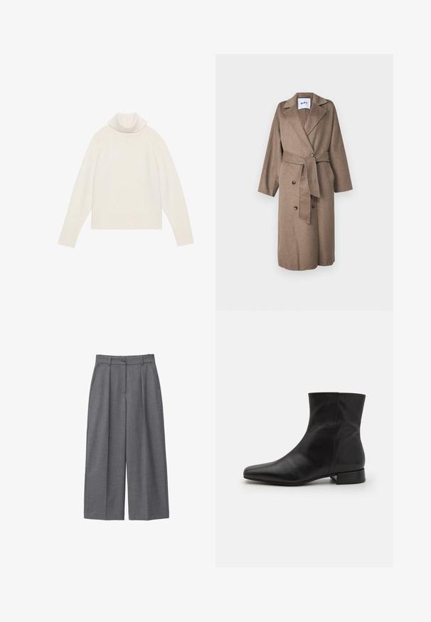 Lang brun uldblandingsfrakke med sjalskrave, dobbeltstående knaplukning, bælte i taljen og påsatte lommer. Blødt, tekstureret stof.; Lyscreme turtleneck sweater med ribbet tekstur, raglanærmer og tætsiddende kant. Blødt materiale og afslappet silhuet.; Grå bredbenede bukser lavet af glat stof, med høj talje, læg, knaplukning og sidelommer. Minimalistisk design.; Sort læder ankelstøvle med spids tå, glat tekstur, minimalistisk design og en lav blokhæl. Sidelukning går op til anklen.
