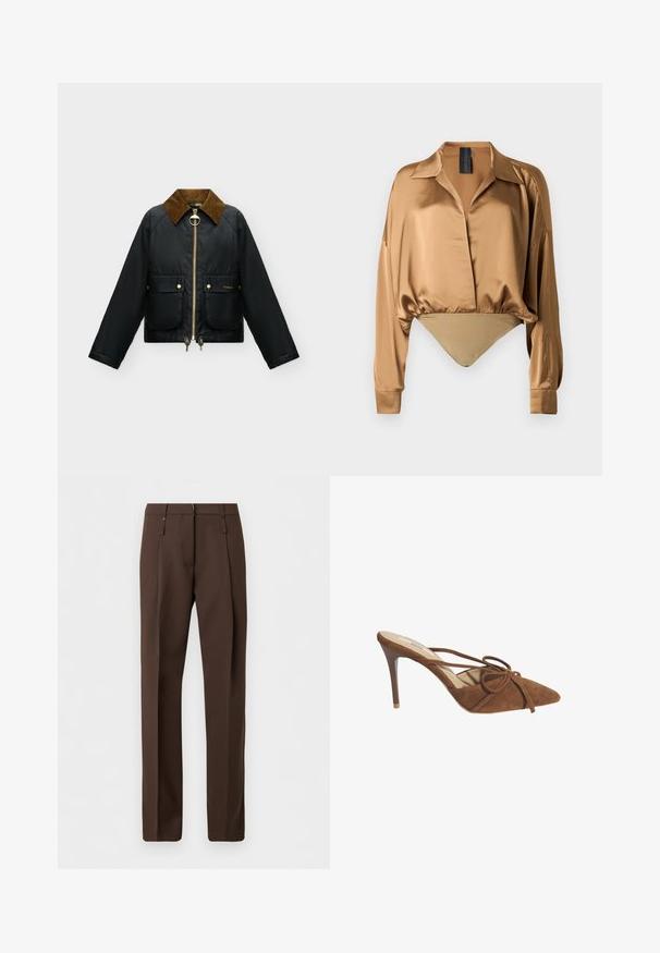 Veste noire zippée avec col en velours côtelé marron, deux poches avant avec boutons dorés et tirette ronde dorée.; Blouse en satin bronze avec un col chemise, manches longues et un bas ajusté style body. Texture lisse et léger éclat.; Pantalon marron sur mesure à jambes droites, doté de passants pour ceinture et de plis sur le devant, présenté sur un fond blanc uni.; Desa Mules à talons - brown