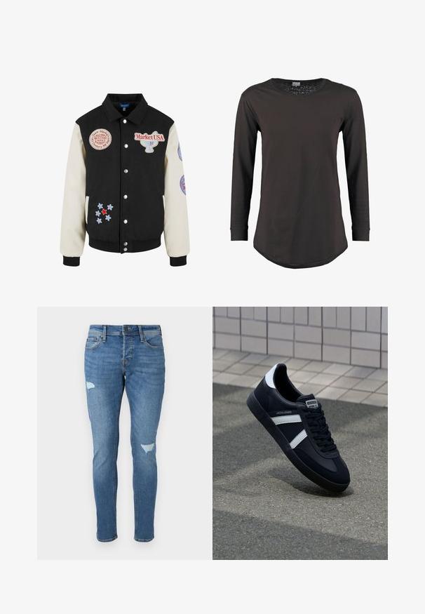 Market Imiteret læderjakke - multi; Langærmet crew neck top i mørkebrunt bomuld. Har en diagonal sømdetalje og en rund kant for en moderne silhuet.; Fadede blå denim jeans med slim fit, der har slidte områder ved knæene, en knaplukning og fem-lomme design.; Sort lædersneaker med hvide striber, tekstureret gummisål og snørrebånd foran. Har et brandet mærke på tungen.