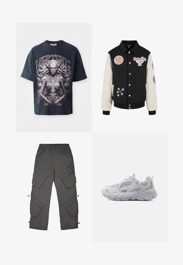 Market Chaqueta de cuero sintético - multi; Camiseta gráfica negra de algodón, con un gran diseño en rosa y blanco de una figura humanoide con detalles intrincados y el texto "VERTERE."; Pantalones cargo en tela gris oscuro con cintura elástica, múltiples bolsillos cargo, bajos con cordón y una textura suave.; Zapatilla deportiva blanca de estilo robusto con paneles de malla y ante, marca "ICEBERG" en el lateral, suela gruesa y texturizada, y tira para tirar en el talón.
