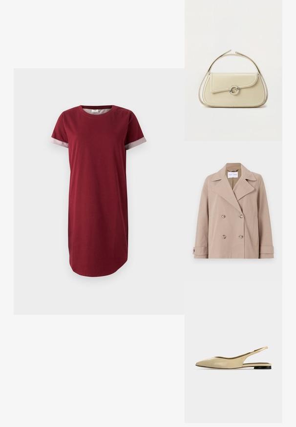 Beige dubbelzijdig jasje van een katoenmix, met grote revers, twee voorzakken en knoopmanchetten.; Bordeaux t-shirt jurk van katoen met korte mouwen en grijze patroondetails op de mouwen. Heeft een ronde halslijn en een rechte snit.; Beige platte slingback schoen met puntige neus, lage zwarte hak en een glad leren afwerking, zijaanzicht op een effen achtergrond.; Crème leren handtas met gebogen klep, ronde zilveren sluiting en korte bovenste handgreep op een effen witte achtergrond.