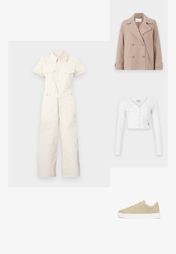 Beige dubbelzijdig jasje van een katoenmix, met grote revers, twee voorzakken en knoopmanchetten.; Good American FIT FOR SUCCESS PALAZZO CROPPED - Jumpsuit - ecru; Witte korte cardigan met een V-hals, lange mouwen en zes knopen aan de voorkant. Bevat een klein merklabel aan de onderkant links.; Beige suède lage sneaker met witte rubberen zool, veters aan de voorkant en subtiele Tommy Hilfiger-logo aan de zijkant.