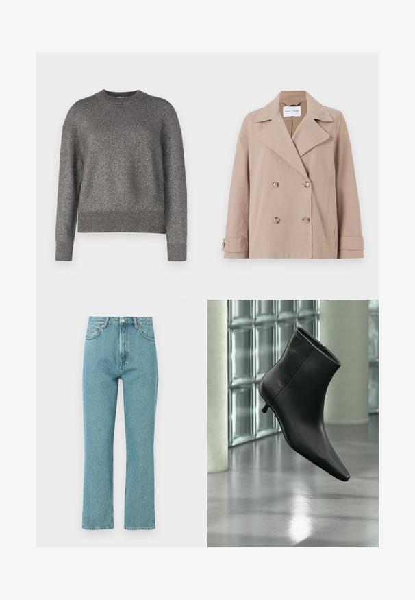 Beige, dobbeltræsset jakke lavet af en bomuldsblanding, med store revers, to forlommer og knapmanchetter.; Grå sweater med en refleksiv strikket tekstur, rund halsudskæring, og ribbede manchetter og kant; let løs pasform og lange ærmer.; Lyseblå, høj talje jeans med lige ben-design. Lavet af denim, featuring forlommer og knaplukning.; Sort læderankelstøvle med spids tå og lav kitten-hæ, vist vinklet mod en poleret gulv- og glasblokvæg.
