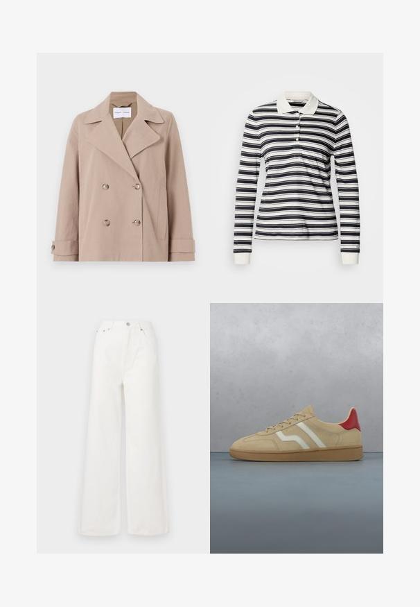 Veste beige croisée en tissu mélangé coton, présentant de grands rabats, deux poches avant et des poignets boutonnés.; Polo à manches longues avec rayures bleu marine et blanches, en coton, patte de boutonnage à trois boutons et poignets côtelés. Design classique avec col.; Jeans large à taille haute blancs en denim. Comprend des poches avant, une fermeture à bouton et des détails d'ourlet effiloché.; Baskets en daim beige avec un accent rouge au talon, des bandes blanches et une semelle en caoutchouc texturée beige clair. Muni de lacets et d'un intérieur lisse.
