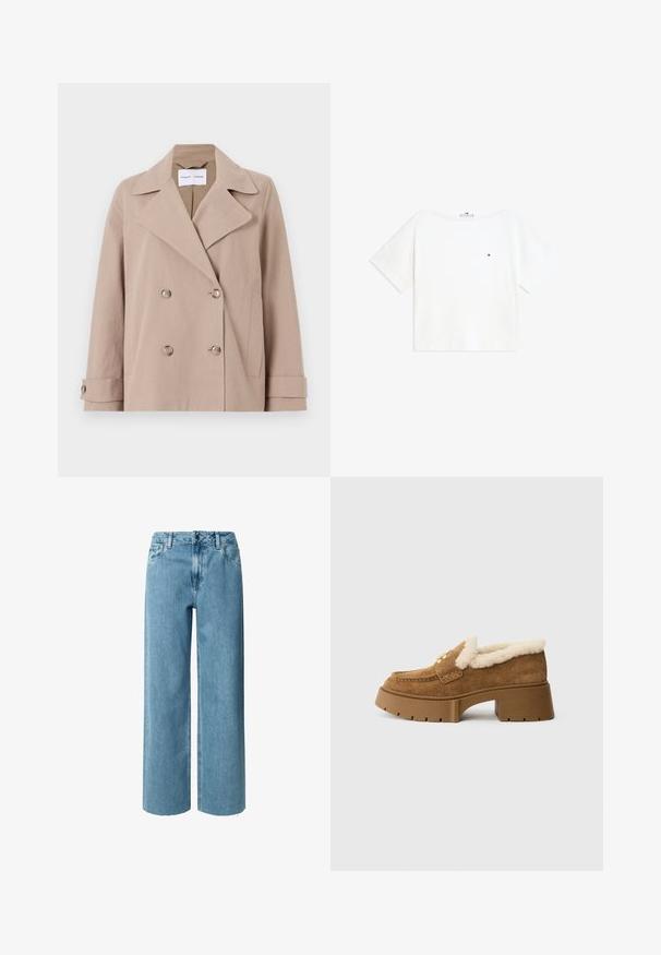 Beige, dobbeltræsset jakke lavet af en bomuldsblanding, med store revers, to forlommer og knapmanchetter.; Hvid kortærmet T-shirt med rund halsudskæring med lille rød, hvid og blå logo på venstre bryst og foldede manchetter på ærmerne.; Blå denim bukser med brede ben og høj talje, der har bæltestropper, lynlås og frynser ved kanten. Stofmaterialet har en blød, glat tekstur.; Brune mokkasiner i ruskind med hæl, der har et blødt shearlingfore, guldaccente og en kraftig plateau-sål med et slidmønster.