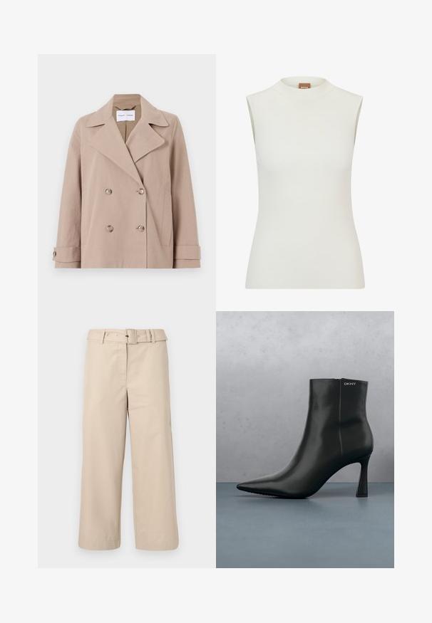 Veste beige croisée en tissu mélangé coton, présentant de grands rabats, deux poches avant et des poignets boutonnés.; Haut blanc sans manches avec un col montant, présentant une texture côtelée et un design ajusté. Étiquette de marque "BOSS" visible sur le col.; Pantalons beige à jambes larges en tissu lisse. Dispose d'une taille ceinturée et de deux poches latérales. Coutures épurées et ourlet fini.; Bottine en cuir noir avec un bout pointu et un talon géométrique. Présente un branding subtil et une texture lisse. L'arrière-plan est constitué de carreaux texturés.
