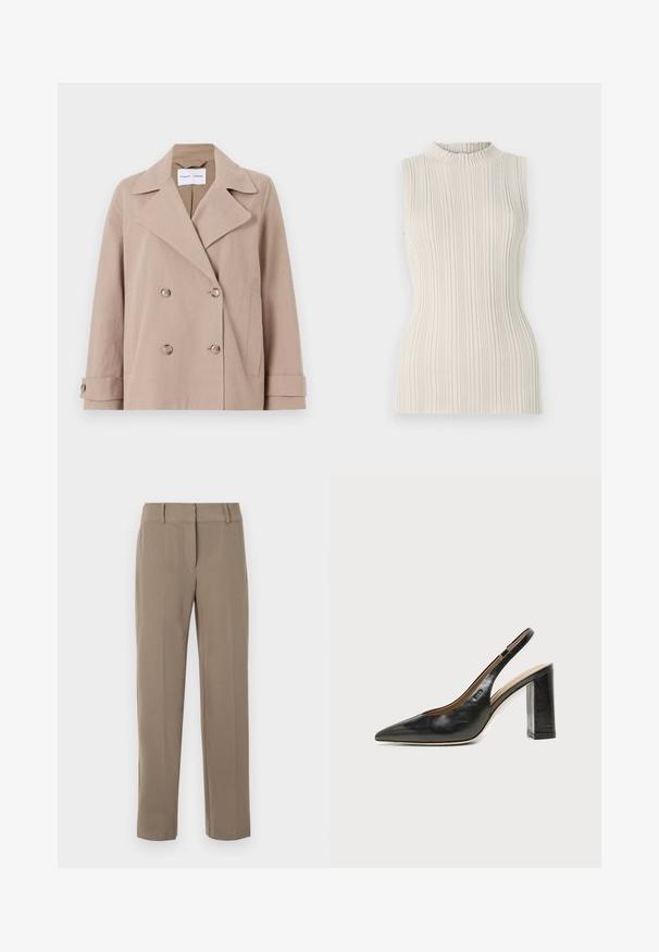 Beige Doppelreiherjacke aus einem Baumwollmischgewebe, mit großen Revers, zwei vorderen Taschen und geknöpften Manschetten.; Ärmelloses Oberteil in hellem Beige mit geripptem Stoff und einem hohen, gerafften Kragen. Die taillierte Silhouette betont die Form.; Khakifarbene, gerade geschnittene Hose mit Gürtelschlaufen und einem vorderen Reißverschluss auf weißem Hintergrund.; Schwarzer Leder-Slingback-Schuh mit spitzer Kappe, hohem Blockabsatz und beigegefüttertem Innenraum vor hellem, einfarbigem Hintergrund.