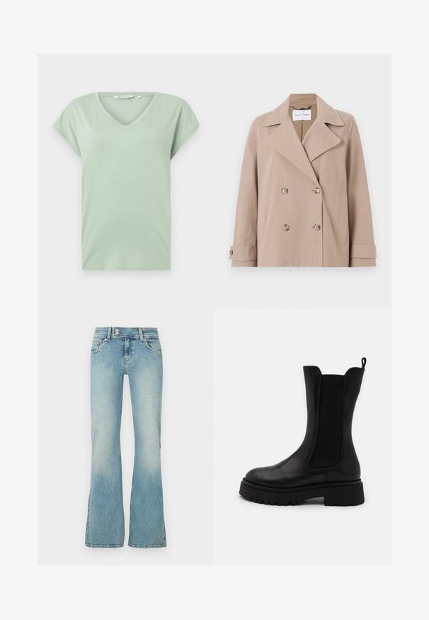 Beige Doppelreiherjacke aus einem Baumwollmischgewebe, mit großen Revers, zwei vorderen Taschen und geknöpften Manschetten.; Minzgrünes V-Ausschnitt-T-Shirt mit kurzen Ärmeln, aus weichem Stoff gefertigt, mit lockerer Passform und ohne Muster oder sichtbare Hardware.; Hellblaue Schlagjeans aus Denim. Sie haben eine taillierte Passform mit zwei Vordertaschen und eine dezente verwaschene Optik.; Schwarze Knöchelstiefel aus glattem Leder mit elastischen Seitenpanelen. Dicke Gummisohle mit Profil und einer Stofflasche an der Rückseite.