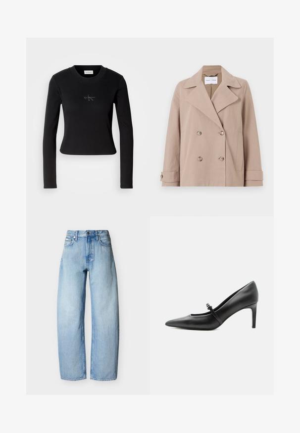 Beige, dobbeltræsset jakke lavet af en bomuldsblanding, med store revers, to forlommer og knapmanchetter.; Sort langærmet top med en tætsiddende design og et lille Calvin Klein-logo på brystet, præsenteret mod en hvid baggrund.; Lyseblå straight-leg denim jeans med fem lommer, bæltestropper og lukning med knap foran.; Sort læderspids højhælede sko med tynd rem og spænde over vristen, stående på en neutral lys baggrund.