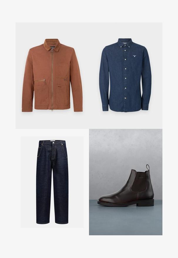Veste marron en coton avec fermeture éclair, col en velours côtelé, plusieurs poches et un logo discret à l'avant, avec une coupe structurée.; Chemise en denim bleu foncé à manches longues avec fermeture à boutons, col boutonné et logo Barbour blanc sur la poitrine gauche.; Jeans en denim foncé avec une coupe droite, dotés de cinq poches, de rivets en cuivre et de coutures contrastantes le long des coutures.; Bottines chelsea en cuir marron avec des panneaux latéraux élastiques, une languette et une finition lisse, posées sur une surface texturée en briques et gravier.