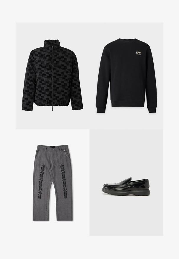 Veste noire zippée avec col montant, ourlet élastique et motif répétitif du logo EA7 sur le tissu.; Sweat-shirt noir à manches longues avec col rond et petit logo blanc EA7 Emporio Armani sur la partie supérieure gauche de la poitrine.; Pantalons à carreaux gris avec des détails en texte noir sur les côtés, présentant un accent de chaîne sur la taille. Conception à jambe droite, tissu texturé.; Mocassin en cuir noir avec une finition brillante, bout arrondi, détails de couture subtils et semelle en caoutchouc épaisse pour la durabilité.