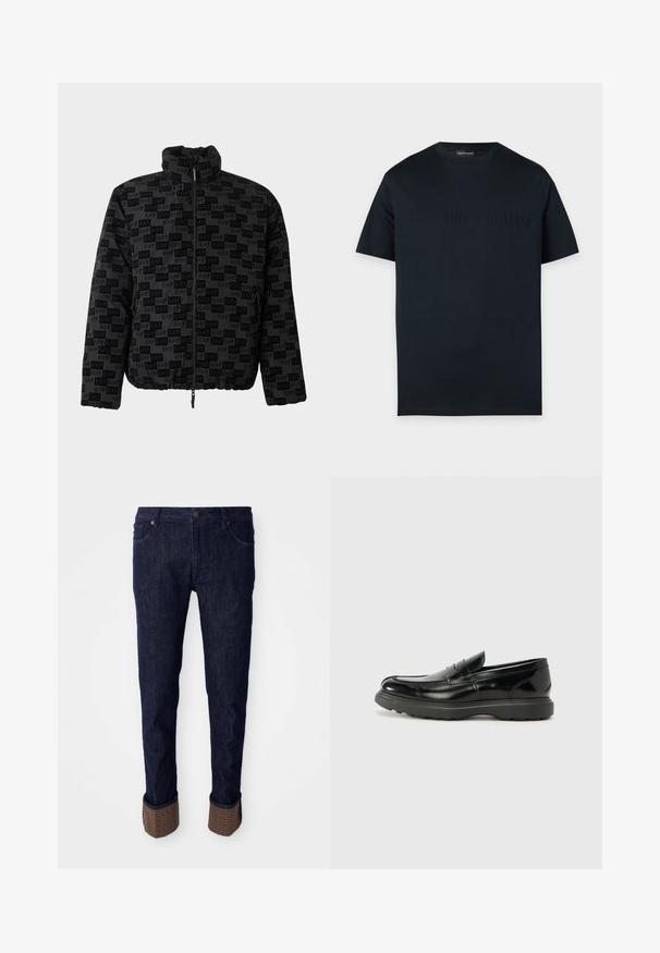 Sort lynlåstrøje med høj krave, elastisk kant og gentaget EA7-logo mønster på stoffet.; Sort t-shirt med korte ærmer og rund hals med subtilt præget Emporio Armani-logo over brystet på en ensfarvet baggrund.; Mørkeblå denim jeans med lige pasform, forsynet med opuldet nederdel i et struktureret brunt materiale med et logo- mønster. Standard fem-lomme design.; Sort læderloafer med en blank finish, rund tå, subtile syninger og en tyk gummisål for holdbarhed.