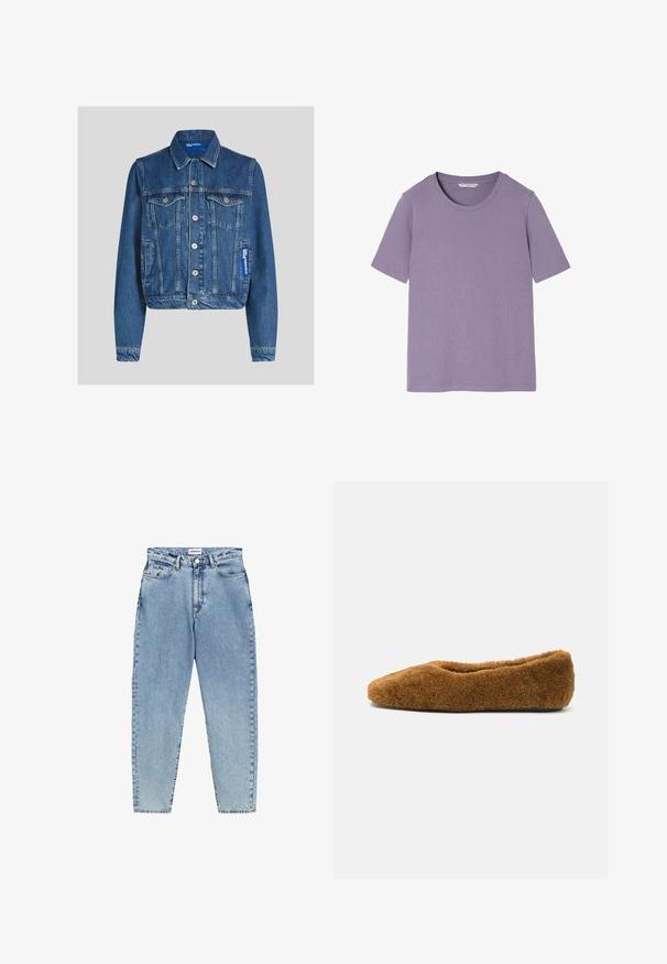 Blauwe spijkerjasje met knopen aan de voorkant, twee borstzakken met klep en knopen, zijzakken en een klein blauw label aan de rechterkant.; Paarse T-shirt met korte mouwen, gemaakt van zachte katoen. Heeft een klassieke ronde hals en een ontspannen pasvorm. Soepele textuur, geen patronen of accenten.; Lichtblauwe denim jeans met een hoge taille, een rechte pijpdesign en contrasterende stiksels. Bevat voor- en achterzakken en een knoopsluiting.; Bruine, pluizige balletschoen met een ronde neus en een zachte textuur. Laag profiel ontwerp, met een zachte bovenkant en een zwarte zool.