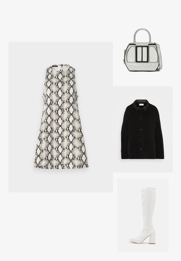 VILA VICEMRE BUTTON - Cape - black; Une robe sans manches avec un motif de serpent beige et noir, un col rond et une fermeture éclair dans le dos.; RAID CANNON - Bottes à plateau - white; Petit sac à main argenté avec garniture noire, poignée supérieure, bandoulière amovible et icônes de skieur embossées sur le panneau avant.