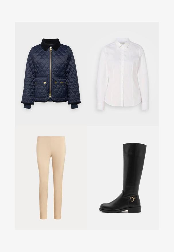 Marineblauwe gewatteerde jas met een corduroy kraag, voorrits, twee knoopzakken en ribgebreide manchetten. Voorzien van gouden hardware accenten.; Witte button-down shirt van soepel katoen met een klassieke kraag, lange mouwen en een subtiel logo op de borst. Voorzien van een knoopsluiting aan de voorkant.; Beige slim-fit enkellange broek met een gladde afwerking en zonder zichtbare zakken of versieringen op een effen achtergrond.; Anna Field Wide Fit by Zalando Laarzen - black