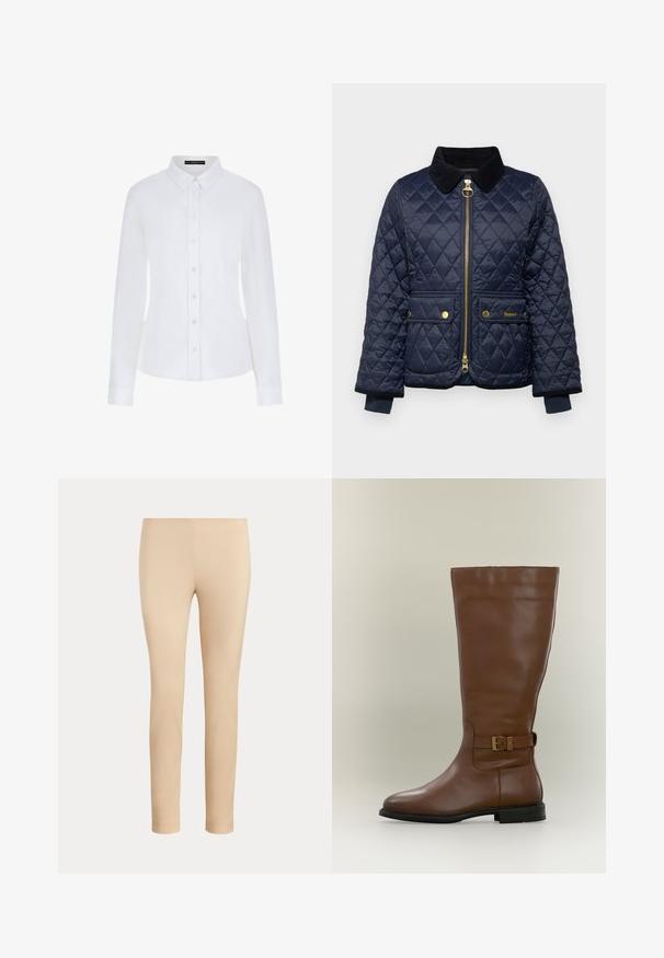 Marineblauwe gewatteerde jas met een corduroy kraag, voorrits, twee knoopzakken en ribgebreide manchetten. Voorzien van gouden hardware accenten.; Witte lange mouwen shirt met een kraag, knoopsluiting aan de voorkant en manchetten. Gemaakt van soepel materiaal met een getailleerd ontwerp en zonder zichtbare patronen.; Beige slim-fit enkellange broek met een gladde afwerking en zonder zichtbare zakken of versieringen op een effen achtergrond.; Hoge bruine leren laars met een zijgespsluiting en een lage zwarte zool, gefotografeerd tegen een neutrale achtergrond.