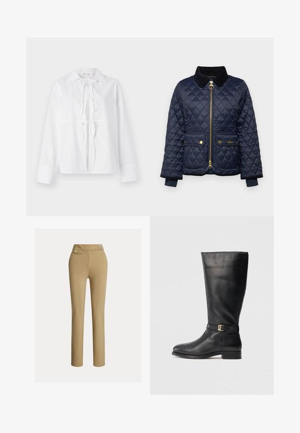 Veste matelassée bleu marine avec col en velours côtelé, zip frontal, deux poches à bouton-pression et poignets côtelés. Éléments de quincaillerie en or.; Chemise blanche à manches longues en tissu lisse, dotée d'un col à bouton, d'une fermeture à nœud à l'avant et de manches à revers. Design simple et épuré.; Pantalons slim beige pour femmes avec taille haute, deux boutons sur le côté et une petite poche à rabat boutonnée près de la taille.; Bottes noires en cuir, arrivant jusqu'au genou, avec une texture lisse, un petit détail de boucle en or, un bout rond et un talon bas empilé. Design simple et épuré.