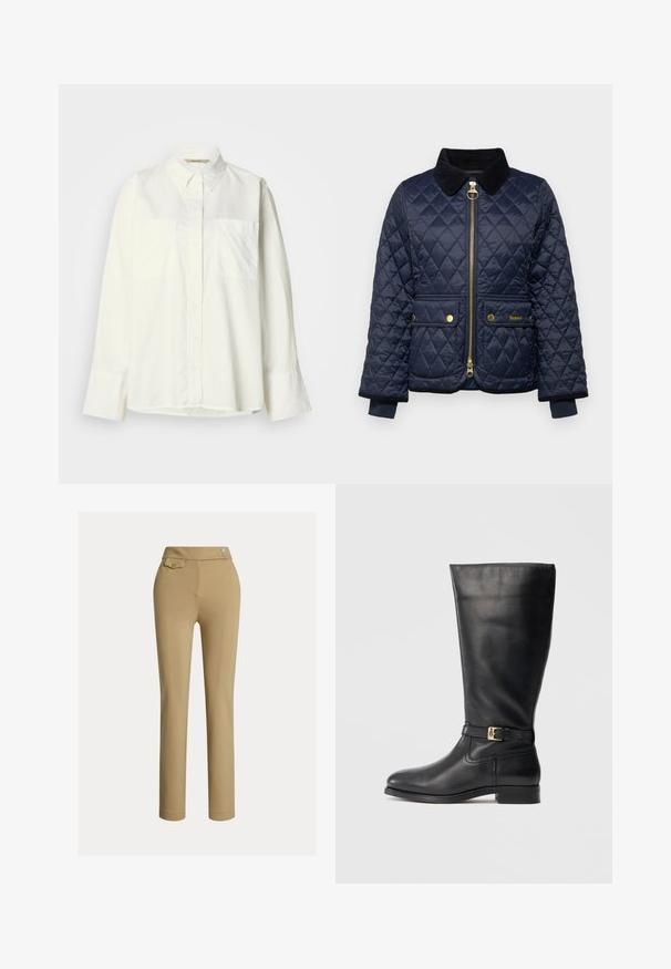 Veste matelassée bleu marine avec col en velours côtelé, zip frontal, deux poches à bouton-pression et poignets côtelés. Éléments de quincaillerie en or.; Chemise blanche à manches longues en coton avec un col boutonné, deux poches poitrine et un ourlet droit. Présente une texture subtile.; Pantalons beiges ajustés avec une texture lisse, taille haute, deux boutons décoratifs et une poche arrière. Design à jambe droite.; Bottes noires en cuir, arrivant jusqu'au genou, avec une texture lisse, un petit détail de boucle en or, un bout rond et un talon bas empilé. Design simple et épuré.