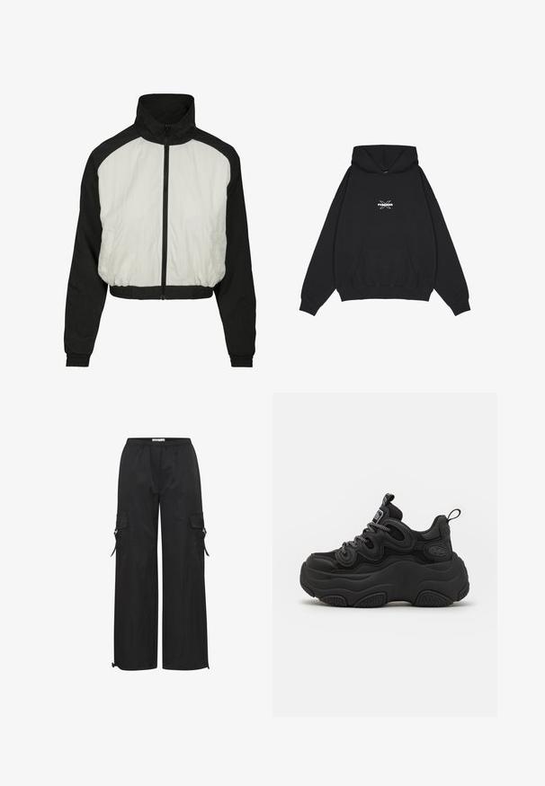 Skraťená bunda s čierno-bielou farebnou schémou, vyrobená z hladkej, ľahkej tkaniny s vysokým golierom a elastickým pásom.; Pegador BELLY OVERSIZED HOODIE - Mikina s kapucňou - washed black; Čierne cargo nohavice z ľahkej látky, s voľným strihom, elastickým pásom, bočnými vreckami a nastaviteľnými nohavicami.; Čierne tenisky s masívnym dizajnom, obsahujúce textúrovaný zvršok, sieťovinové panely a hrubú gumovú podrážku. Viditeľné reflexné šnúrky a detaily značky.