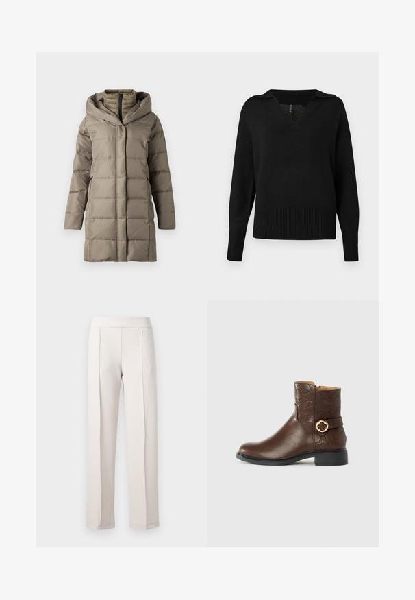 Manteau long rembourré de couleur taupe douce, doté d'une capuche structurée, de coutures verticales et de poches latérales. Fabriqué en matériau lisse et isolant.; Pull en tricot noir à manches longues avec un col en V et un col, des poignets et un ourlet côtelés.; Pantalon large beige clair en tissu lisse, doté d'une taille haute, de deux plis avant et d'une finition propre et ajustée.; Botte cheville en cuir marron avec un motif de logo embossé, fermeture éclair sur le côté, accent en métal doré, et une semelle en caoutchouc noir robuste.