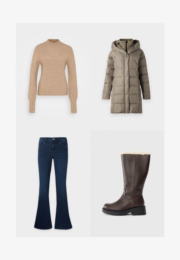 Manteau long rembourré de couleur taupe douce, doté d'une capuche structurée, de coutures verticales et de poches latérales. Fabriqué en matériau lisse et isolant.; Pull en tricot côtelé beige avec col montant, manches longues et coupe ajustée. Texture douce avec une finition lisse. Design minimaliste ; sans motifs.; Jean en denim bleu foncé avec une taille haute et des jambes évasées, avec poches avant, passants de ceinture et fermeture par bouton.; Bottes en cuir marron montantes avec une douce doublure en fourrure beige en haut, dotées d'une semelle épaisse noire et d'une forme élégante.
