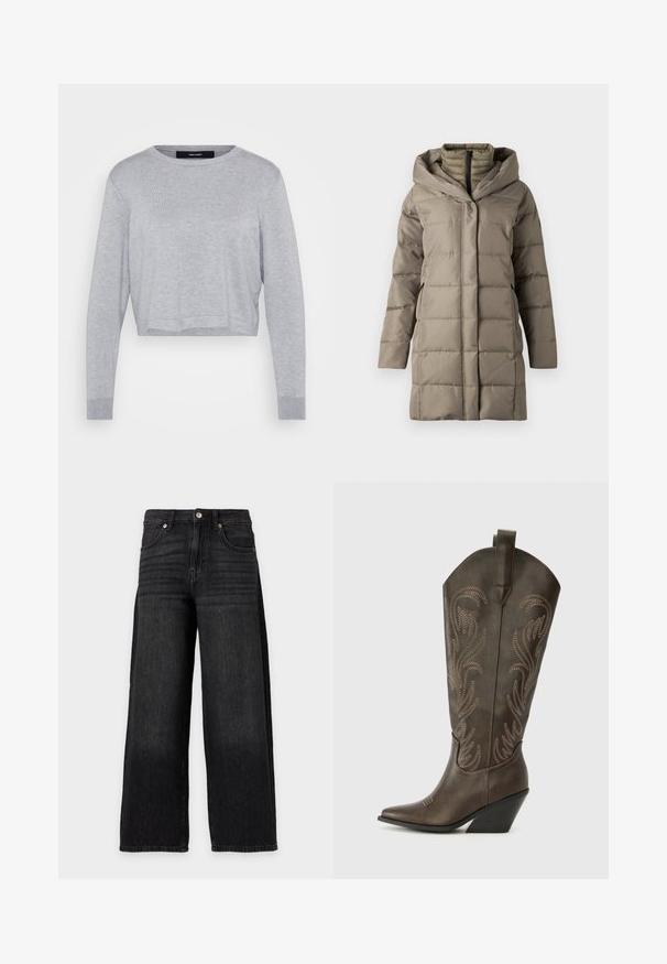 Polstret lang frakke i en dæmpet taupe farve, med en struktureret hætte, lodrette sømme og sidelommer. Lavet af glat, isolerende materiale.; Lys grå cropped sweater med rund hals, lange ærmer, ribbede manchetter og en blød, tekstureret finish.; Sorte jeans med vide ben, høj talje, knap- og lynlåslukning, forlommer og diskrete falmede detaljer.; Brune læder cowboystøvle med spids tå, kilehæl og dekorativ broderi. Har en høj stok og en trækflap.